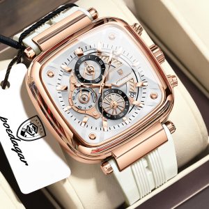 Poedagar Square Chronograph Men Watch Silicone Strap Multi Sub-Dials Sports Quartz Wristwatch