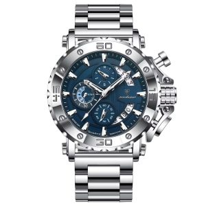 POEDAGAR Men Chronograph Dial Multi-Function Sub-Dials & Date Stainless Steel Band Waterproof Sports Quartz Watch