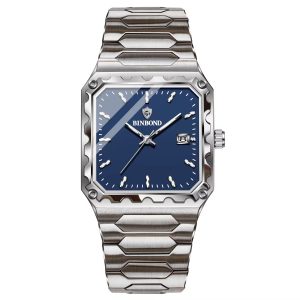 BINBOND B2517 Fashion Business Square Men's Quartz Watch Calendar Steel Band Waterproof Men's Unique Wristwatch